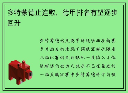 多特蒙德止连败，德甲排名有望逐步回升