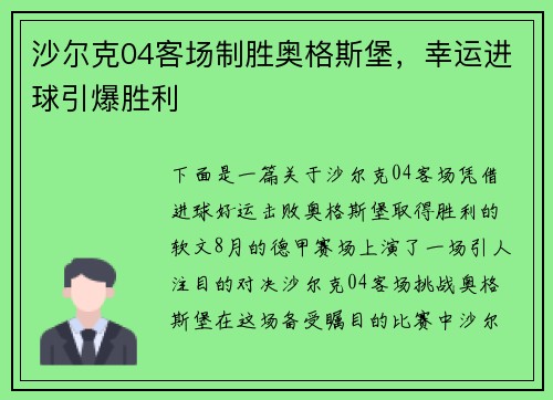 沙尔克04客场制胜奥格斯堡，幸运进球引爆胜利