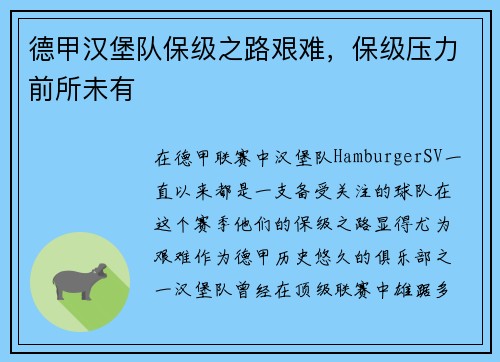 德甲汉堡队保级之路艰难，保级压力前所未有