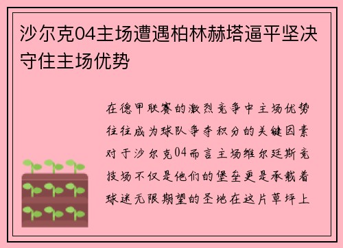 沙尔克04主场遭遇柏林赫塔逼平坚决守住主场优势