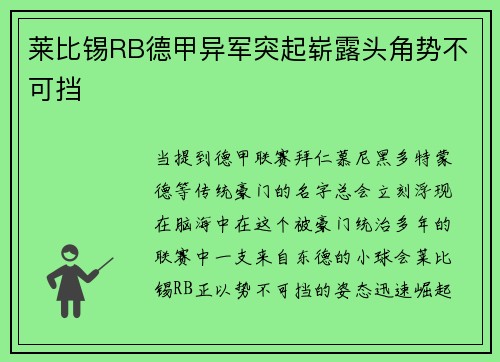 莱比锡RB德甲异军突起崭露头角势不可挡