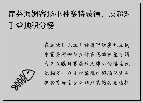 霍芬海姆客场小胜多特蒙德，反超对手登顶积分榜