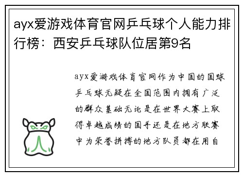 ayx爱游戏体育官网乒乓球个人能力排行榜：西安乒乓球队位居第9名